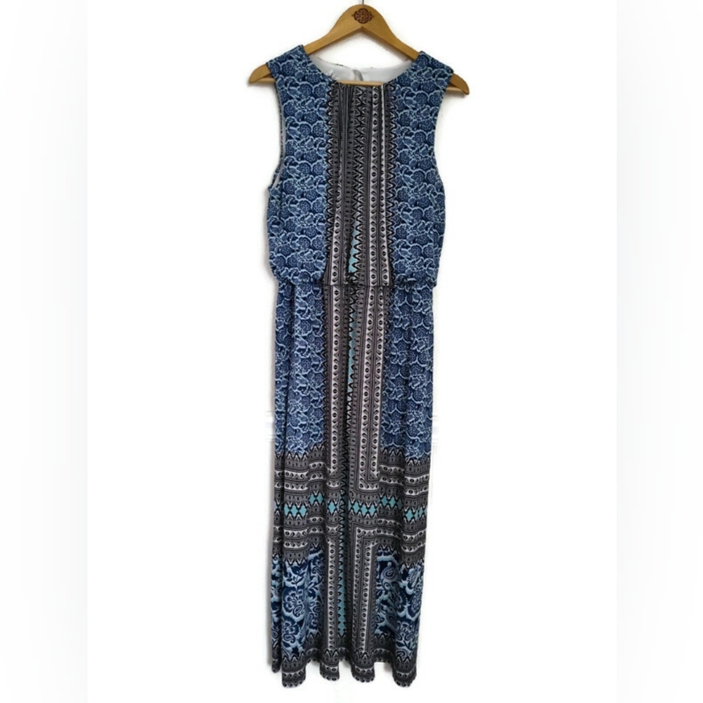 London Style Blue Patterned Maxi Summer Long Dress Size 16